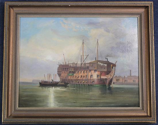 Manner of George Chambers Rowing boats beside the prism hulk, 12 x 15.5in.